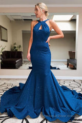 Navy Halter Sparkly Mermaid Prom Dress