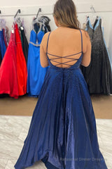 Navy Lace-up Back Beading A Line Prom Dress