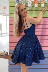 Navy Sequins One Shoulder A-Line Short Homecoming Dress