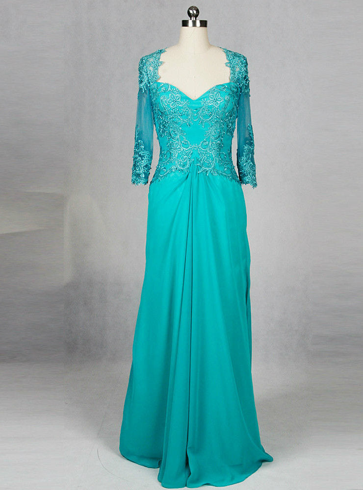 Neckline Lace 3/4 Sleeve Turquoise Chiffon Nother Of The Bride Dress With Sleeves