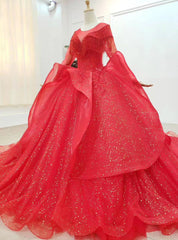 Never Miss Out On Red Ball Gown Tulle Sequins Long Sleeve Beading Appliques Wedding Dress