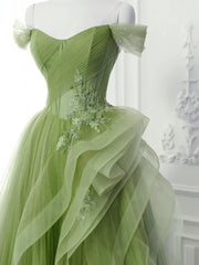 New Arrival A-Line Tulle Lace Green Long Prom Dress, Green lace Long Formal Dress