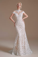 Lace Beading around Neck Wedding Dresses