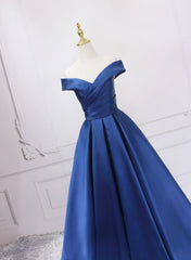 Off Shoulder Blue Satin A-line Floor Length Prom Dress, Blue Simple Formal Dress