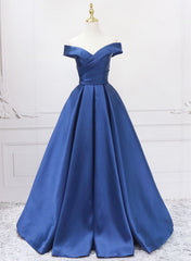 Off Shoulder Blue Satin A-line Floor Length Prom Dress, Blue Simple Formal Dress