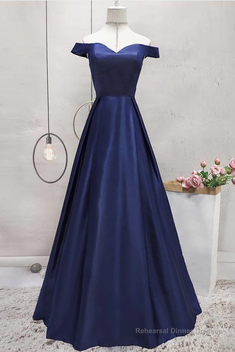 Off Shoulder Blue Satin Long Prom Dress, Off Shoulder Blue Formal Dress, Blue Evening Dress