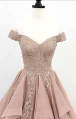 Off Shoulder Dusty Champagne Lace Cheap Long Evening Prom Dresses, Evening Party Prom Dresses