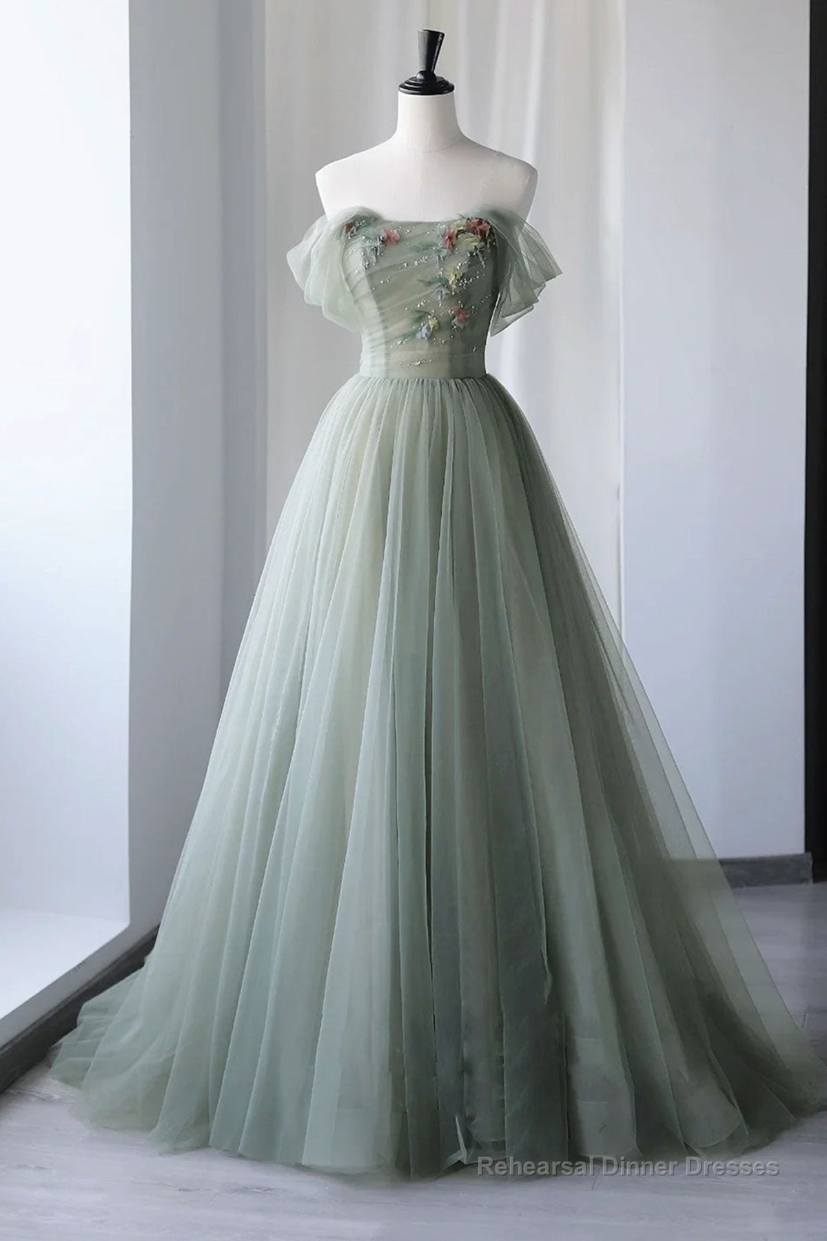 Off Shoulder Green Tulle Floral Long Prom Dresses, Off the Shoulder Green Formal Evening Dresses with 3D Flowers