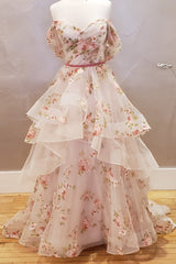 Off the Shoulder A-line Floral Wedding Dress with Ruffle Skirt