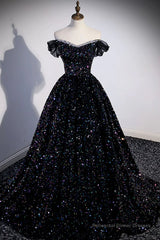 Off the Shoulder Black Sequin Prom Dresses, Black Long Formal Evening Dresses