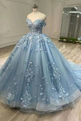 Luxury Blue Strapless Formal Dress Applique Quinceanera Ball Gowns