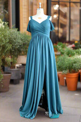 Off The Shoulder Bridesmaid Dresses For Women With Slit A Line Spaghetti Straps Long Chiffon Pleated Formal Evening Dress