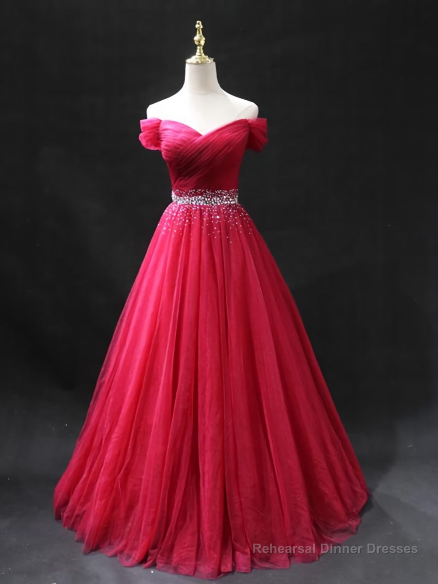 Off the Shoulder Burgundy Prom Dresses with Beaded Belt, Wine Red Long Formal Evening Dresses