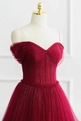 Off the Shoulder Burgundy Tulle Long Prom Dresses, Wine Red Long Tulle Formal Evening Dresses