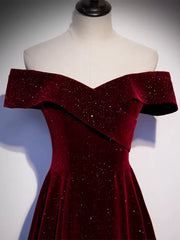 Off the Shoulder Burgundy Velvet Long Prom Dresses, Wine Red Long Formal Graduation Dresses