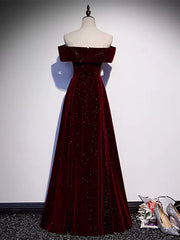 Off the Shoulder Burgundy Velvet Long Prom Dresses, Wine Red Long Formal Graduation Dresses