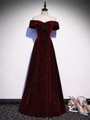 Off the Shoulder Burgundy Velvet Long Prom Dresses, Wine Red Long Formal Graduation Dresses