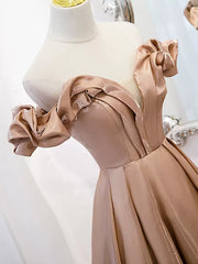 Off the Shoulder Champagne Satin Prom Dresses, Champagne Long Formal Evening Dresses