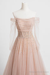 Off the Shoulder Champagne Tulle Long Prom Dresses, Champagne Beaded Tulle Formal Evening Dresses