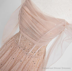 Off the Shoulder Champagne Tulle Long Prom Dresses, Champagne Beaded Tulle Formal Evening Dresses