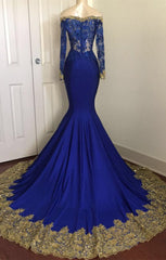 Off-the-Shoulder Royal Blue Prom Dresses Gold Lace Appliques Chic Evening Dress with Sleeve