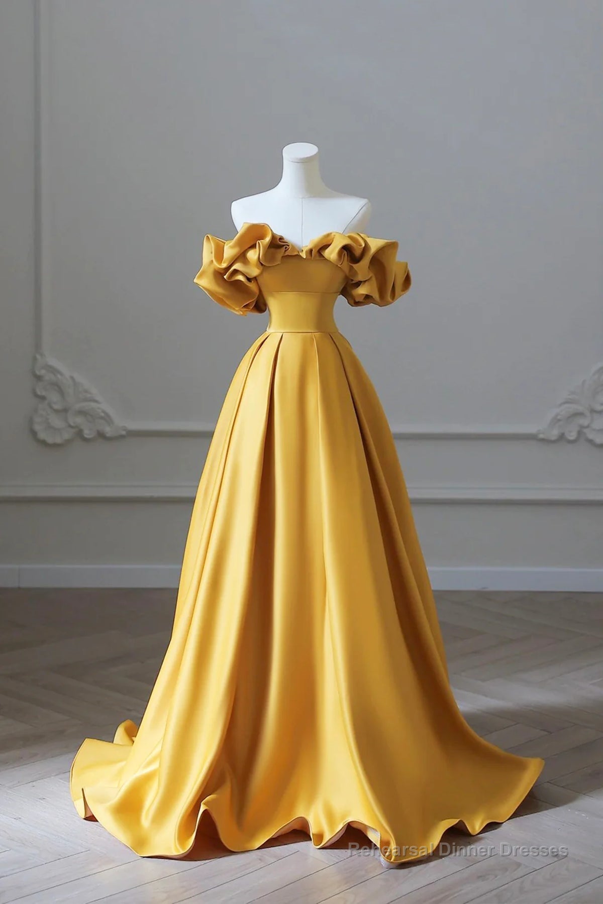 Off the Shoulder Yellow Satin Long Prom Dresses, Off Shoulder Yellow Long Formal Evening Dresses