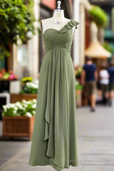 One ruffle Shoulder Long Dusty Sage Bridesmaid Dress