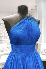 One Shoulder Backless Blue Chiffon Long Prom Dress, Beaded Blue Long Formal Evening Dress