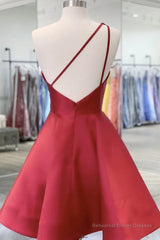 One Shoulder Open Back Burgundy Floral Short Prom Dress, Wine Red Floral Formal Evening Homecoming Dress