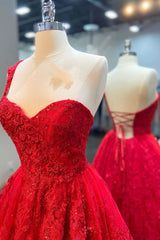 One Shoulder Red A-line Appliques Tulle Formal Evening Gown