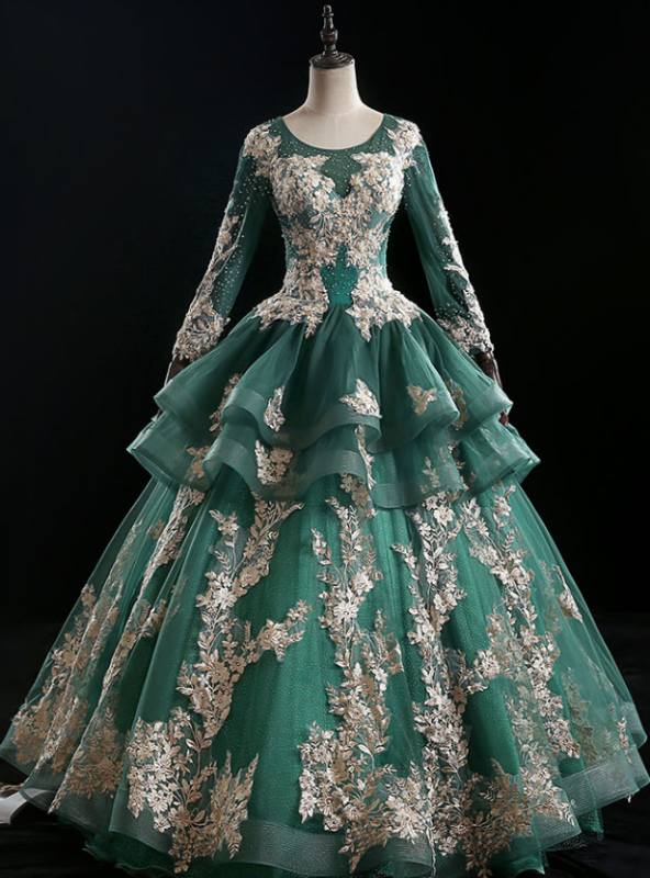 Online Store Dark Green Ball Gown Tulle Long Sleeve Appliques Quinceanera Dress