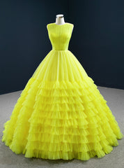 Online Store Yellow Ball Gown Tulle Pleata Tiers Floor Length Prom Dress