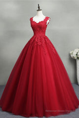 Open Back Red Lace Long Prom Dress, Red Lace Formal Evening Dress, Red Ball Gown