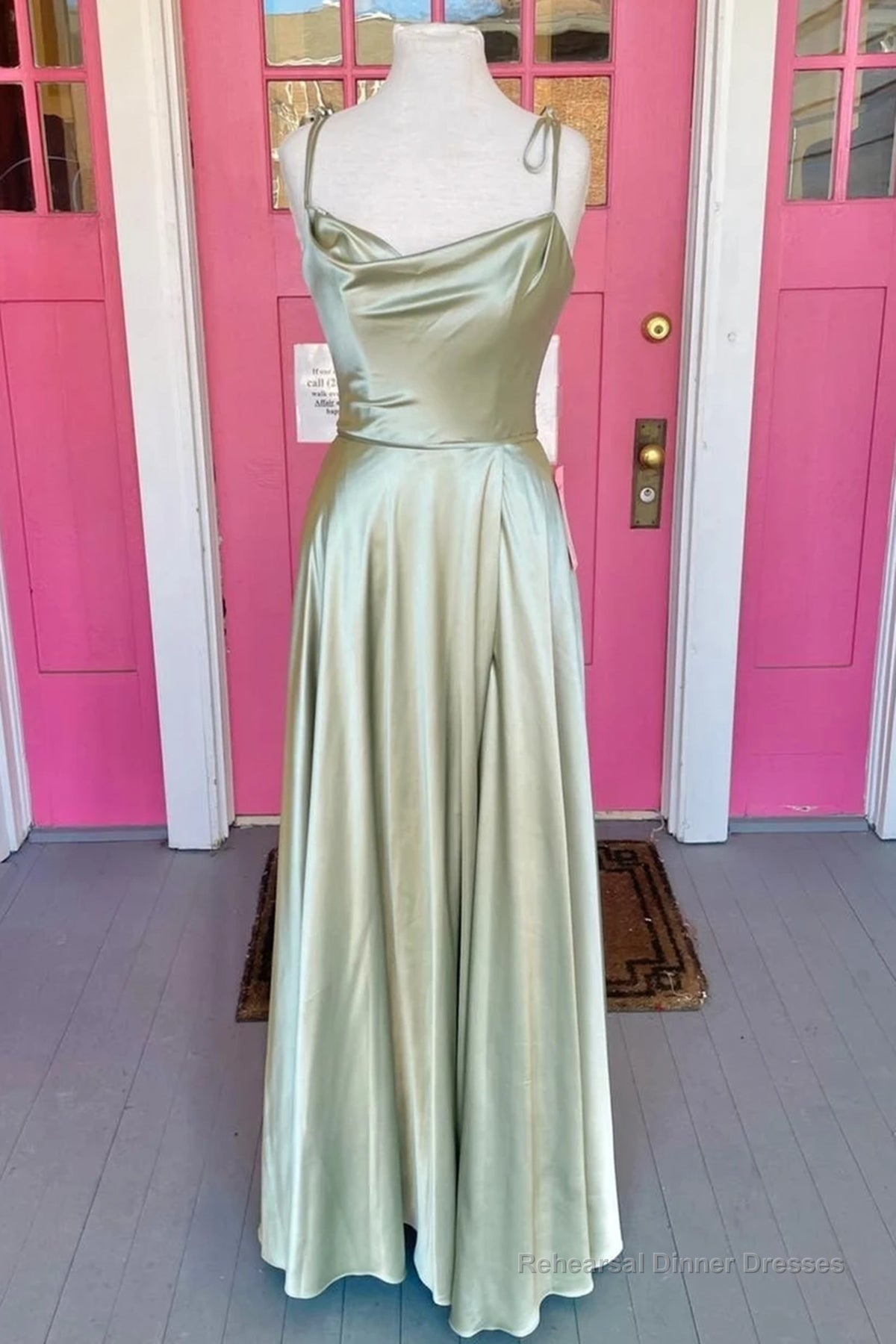 Open Back Sage Satin Long Prom Dress with High Slit, Long Sage Formal Graduation Evening Dress