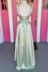 Open Back Sage Satin Long Prom Dress with High Slit, Long Sage Formal Graduation Evening Dress