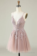 Open Back V Neck Pink Lace Appliques Prom Dress, Pink Lace Homecoming Dress, Short Pink Formal Graduation Evening Dress