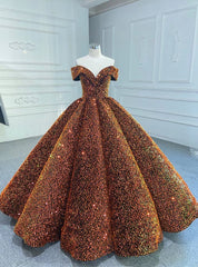 Orange Ball Gown Sequins Off the Shoulder Prom Dress