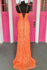 Orange Lace-Up Sequins Prom Dress with Slit