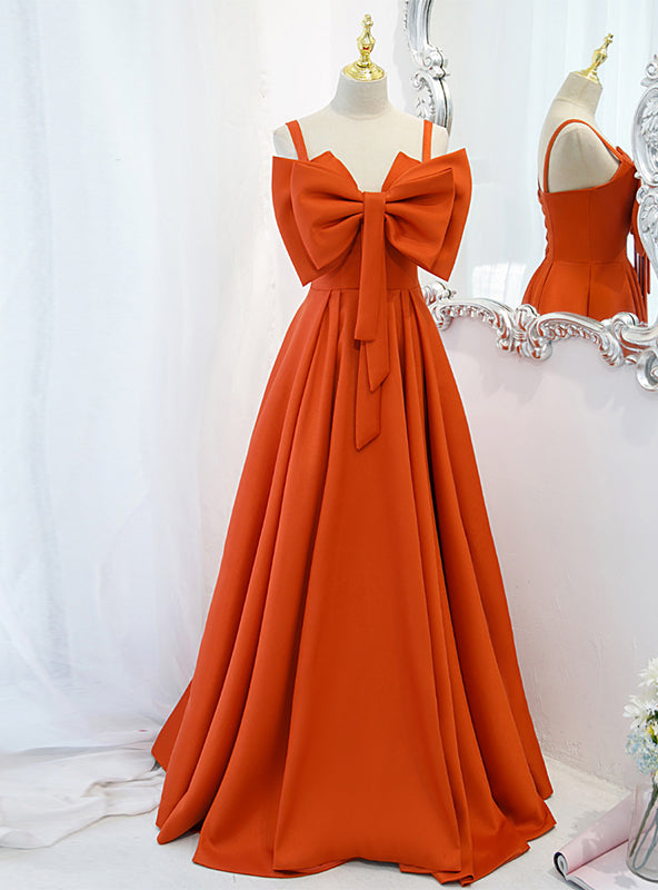 Orange Sapghetti Straps Bow Long Prom Dress