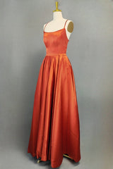 Orange Satin Prom Dresses A-line Square Neckline Spaghetti Straps Sweep Train Evening Dresses