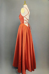 Orange Satin Prom Dresses A-line Square Neckline Spaghetti Straps Sweep Train Evening Dresses