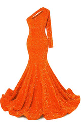 Orange Sequins Mermaid Prom Dresses One Shoulder Evening Dresses Floor Length Wedding Party Gowns