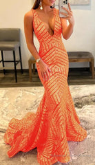 Orange Sparkly Deep V Neck Sequin Mermaid Prom Dress