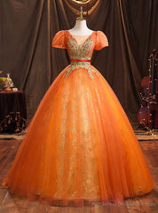 Orange Tulle Sequins Appliques Quinceanera Dresses