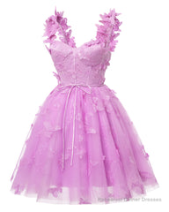 Hot Pink 3D Butterfly Lace Applique Tulle Homecoming Dress for Teens Sweetheart Mini Short Prom Dresses