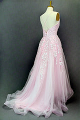 Pink A-line V Neck Spaghetti Straps Sweep Train Tulle Prom Dresses With Appliqued Beading