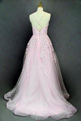 Pink A-line V Neck Spaghetti Straps Sweep Train Tulle Prom Dresses With Appliqued Beading