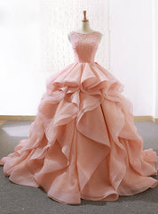 Pink Ball Gown Organza Bateau Bakless Wedding Dress With Beading