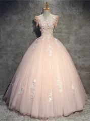 Pink Ball Gown Scoop Tulle Appliques Quinceanera Dress