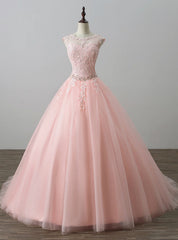 Pink Ball Gown Tulle Appliques Backless Long Sweet 16 Dresses